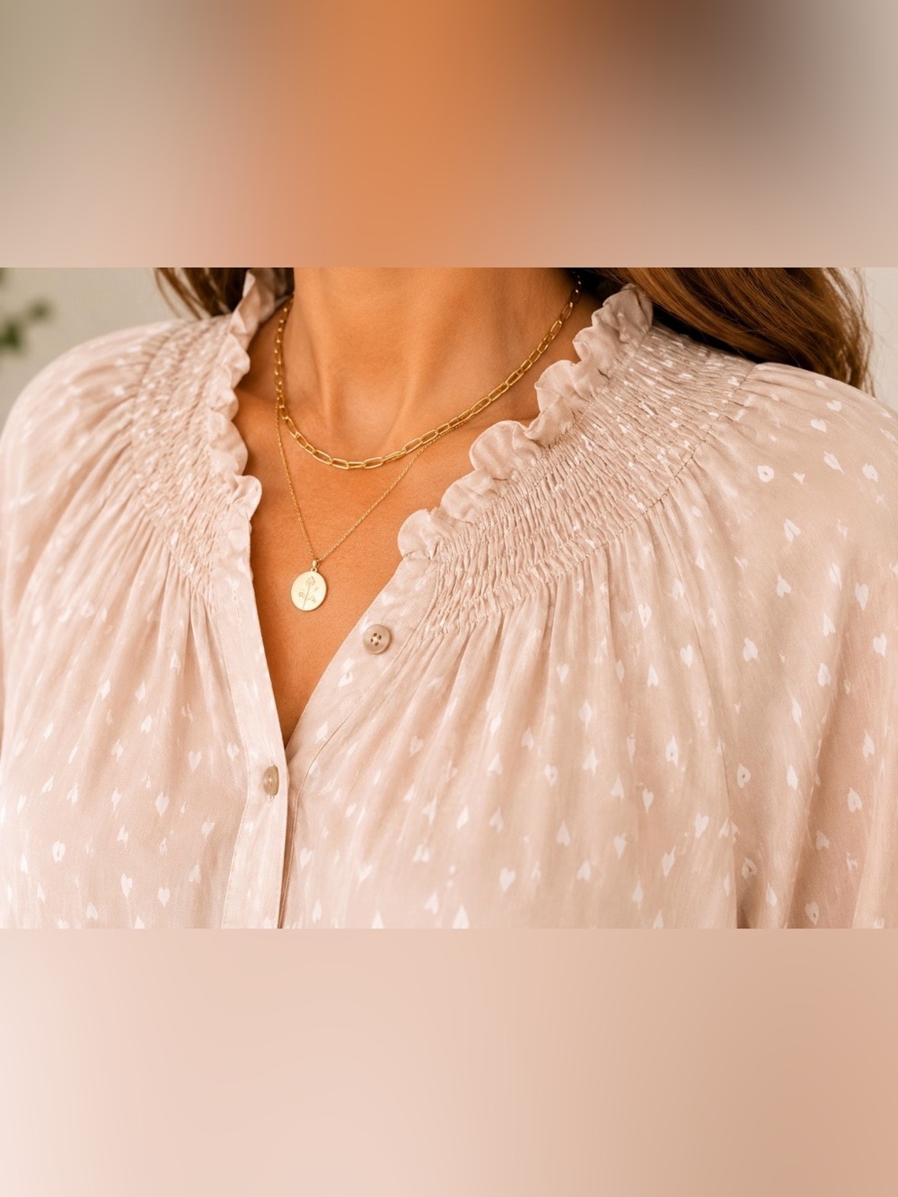REBECCA TAYLOR Blush Pink 100% Silk Smocked Neckline Heart Print Blouse - Picture 3 of 11